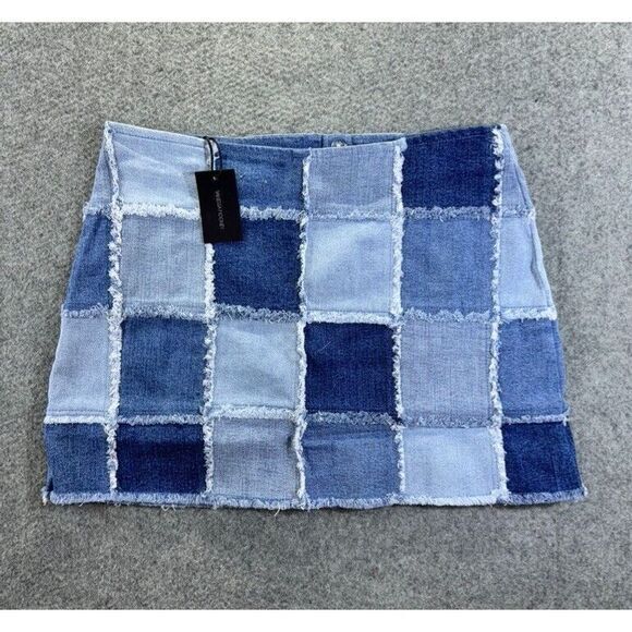 Vanessa Mooney Jean Skirt L Patchwork Large Denim Frayed Hippie Women's Y2K Blue - Picture 1 of 6